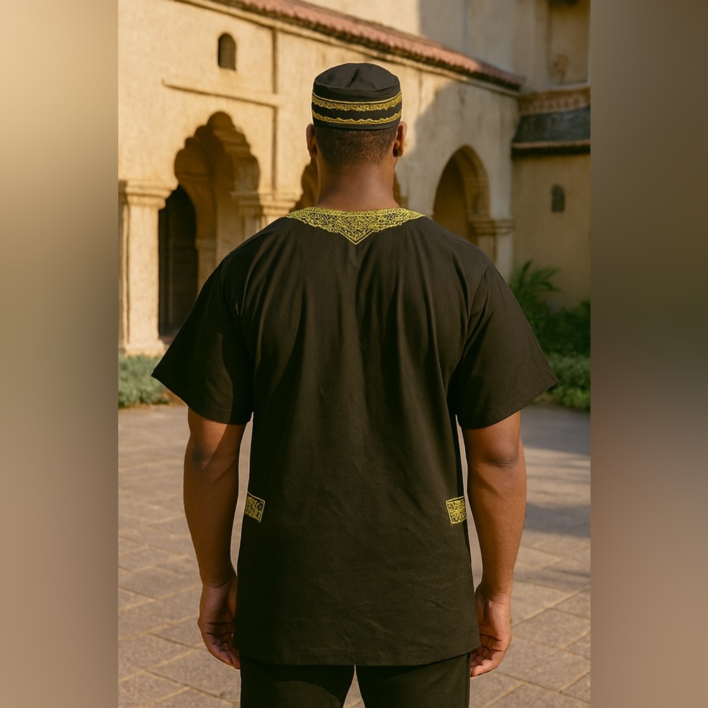 Men's Traditional African Dashiki Top Shirt and Kufi Hat Set Large Black Gold - Picture 4 of 14